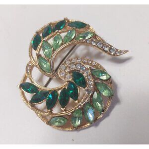 Gold tone Peridot Emerald & Diamante Rhinestones  navette abstract leaf brooch